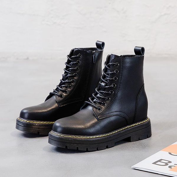 

boots deat 2021 autumn and winter fashion casual lace up leather solid color women's short round head knight sh400, Black