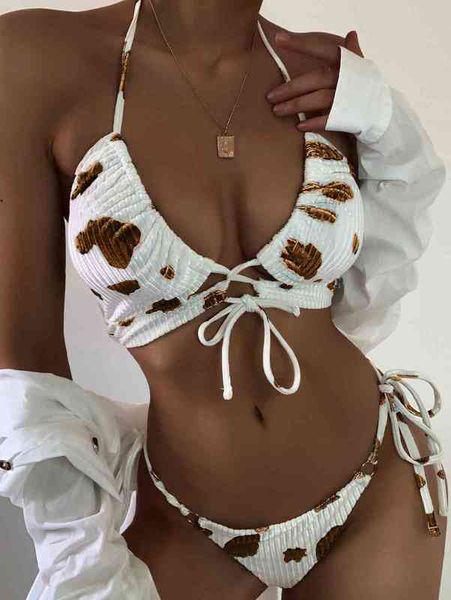 

bikini set cow print necktie split swimsuit backless bikini, Black;white