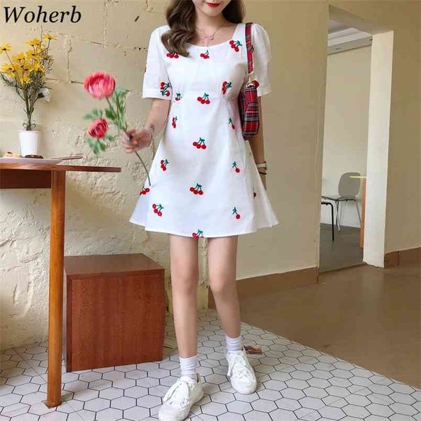 

mini dress women summer white cherry print vestidos square neck slim waist robe sweet plus size elegant dresses 210519, Black;gray