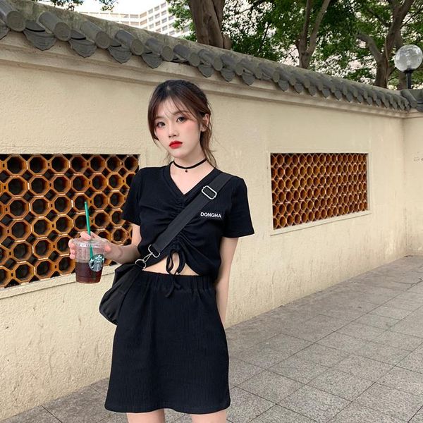 

two piece dress women summer ountfis set short sleeve crop drawstring t-shirt + high waist skirt two-piece sweat suits e-girls, White