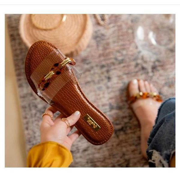 

women's slippers summer transparent chain luxury square head flat heel female plus size outdoor beach comfortable sandals 210611, Black