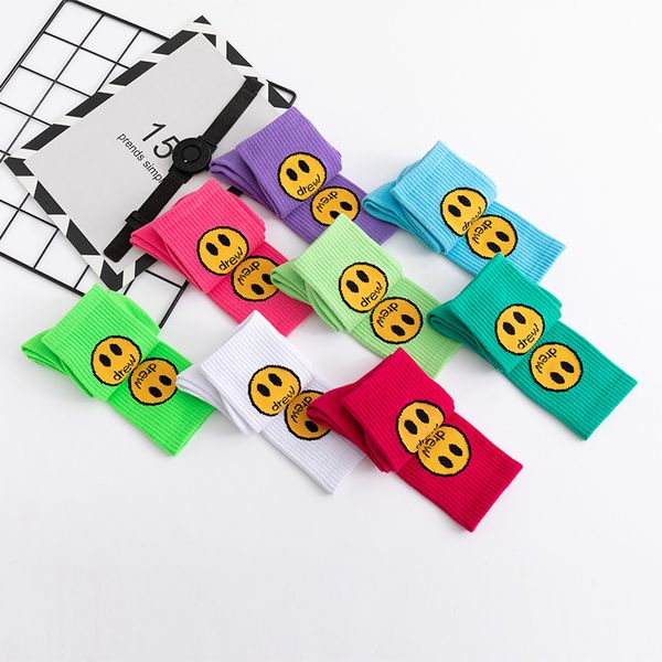 

21ss tide drew house smiley face fresh cotton socks sports men and women tube hip hop trendy sock 8 colors, Black