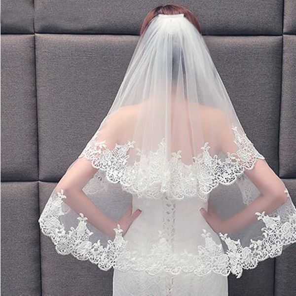 Elegante duas camadas de renda véu de noiva com femininos de casamento femininos de casamento branco marfim