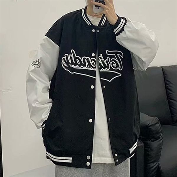 

vintage letter embroidery baseball jacket crewneck patchwork bomber jacket streetwear hip hop oversize coat 211014, Black;brown