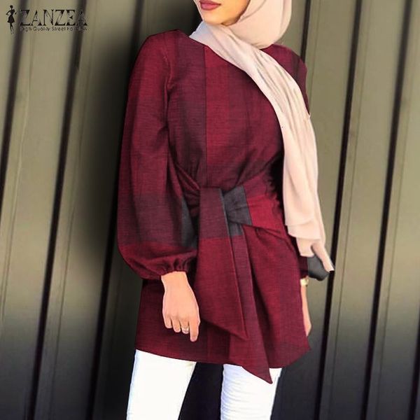 

women's polos women blouse 2021 spring ladies plaid lace up muslim fashion asymmetrical casual o-neck loose kanftan blusas 5xl rd9, White