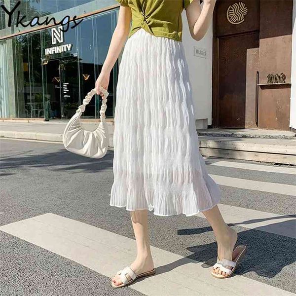 

summer vintage white chiffon long pleated skirt women stretch high waist a-line skirt aesthetic black midi faldas saias 210421