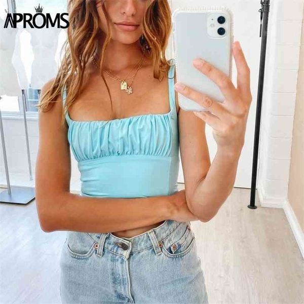 

aproms candy color camis streetwear tube women summer ruched pleated short tank 90s cool girls slim crop tees 210705, White