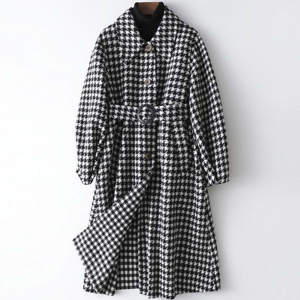 

women's wool & blends real shooting2021 houndstooth woolen coat double cashmere medium and long, Black