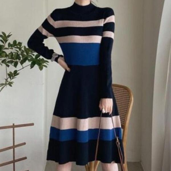 

casual dresses runway elegant pullover sweater midi long sleeve knitted vintage stripe strappy 2021 autumn vestidos, Black;gray