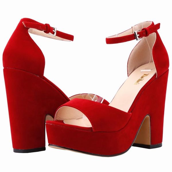 

dress shoes women sandals summer 12cm peep toe thick high heels ankle strap sandal square flock platform red wedding plus size, Black