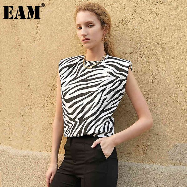 

[eam] women black shaped shoulder striped casual t-shirt round neck sleeveless fashion spring summer 1dd8056 210512, White