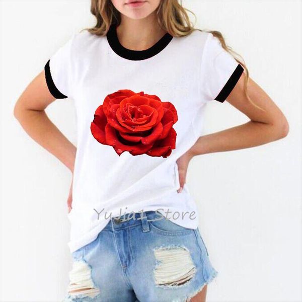 

ropa mujer vogue red rose womens flower print poleras harajuku tee femme, White