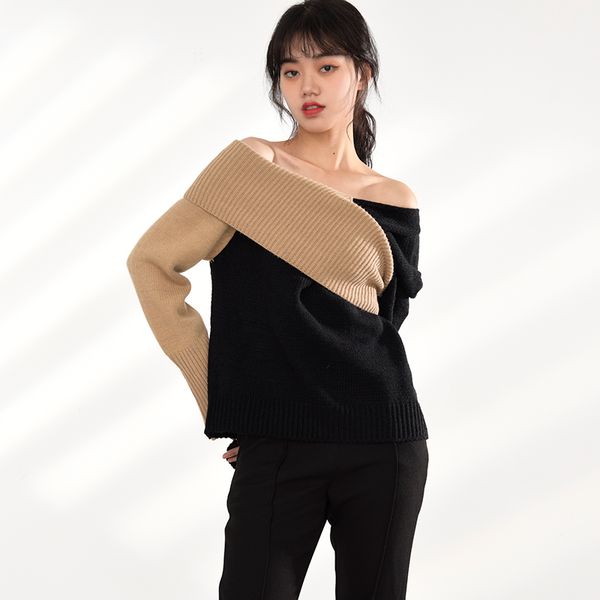 

[ewq] spring gentle casual slash neck loose panelled long sleeve pullover knitting sweater spring holiday queen clothing 210423, White;black