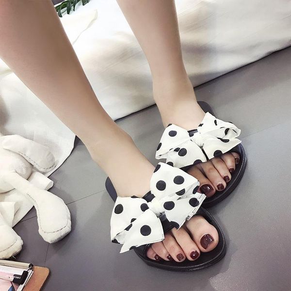 

summer women's fashion slides women slippers female outdoor comfortable footwear polka dot bowties woman non-slip shoes, Black