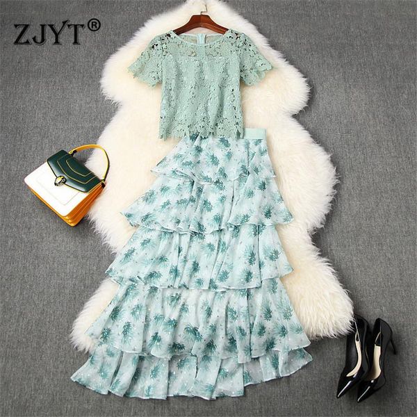

summer skirt and 2 piece set women fashion casual outfits hollow out lace ruffle print midi cake sets two dress, White