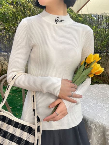 

dazy letter embroidery mock neck sweater 93kw#, White