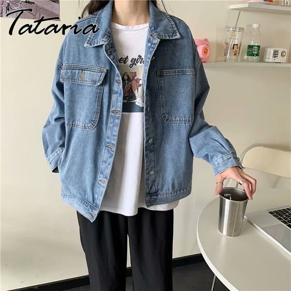 Jean Jacket Mulheres Casacos Plus Size Jeans Denim Casaco Retalhos Coreano Casual Solta Primavera Feminino Outwear 210514