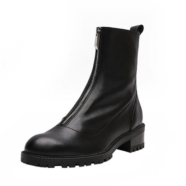 

boots fall winter round toe thick heel black leather women ankle front zip belt fashion shoes brand style 4cm botines mujer