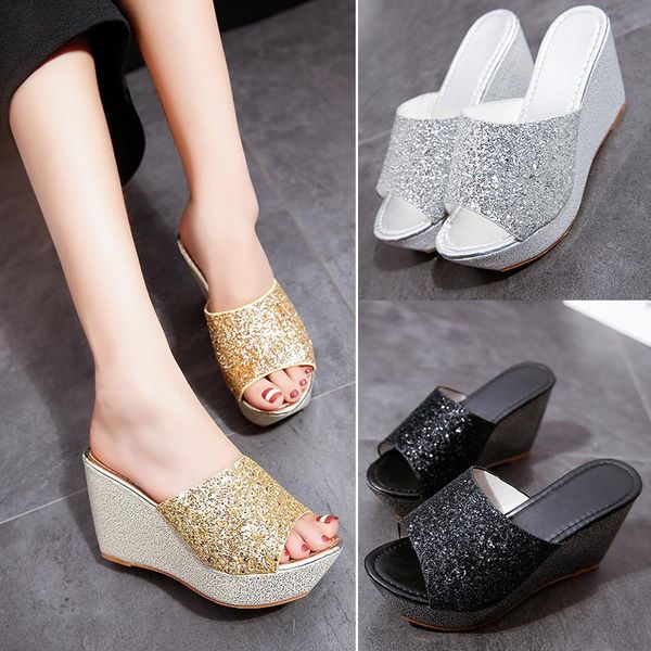 

slippers summer women's 2021 solid color super flash fashion sequins waterproof platform thick bottom wedge heel non-slip ba, Black