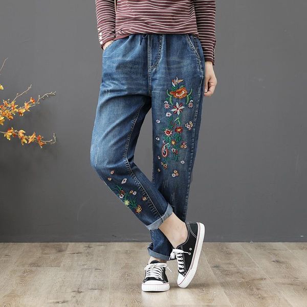 

women's jeans spring summer women blue high waist loose floral embroidery denim female harem pants boyfriend for