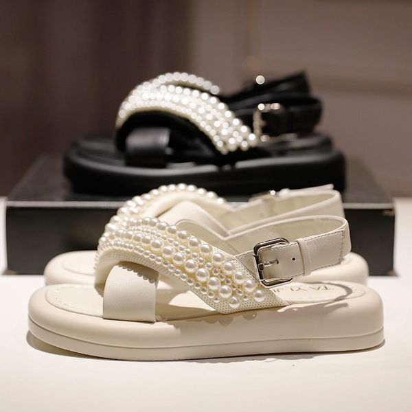 

sandals women summer fashion women's 2021 cross belt pearl platform roman wild casual non slip beach shoes, Black