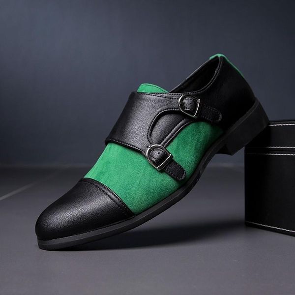 

dress shoes men leather stitching retro color matching buckle fashion wedding personalized hairstylist, Black