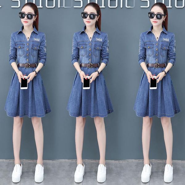 

casual dresses 2021 spring women's fashion long leisure letter embroidery denim dress female ol retro belt pocket elegant bodycon, Black;gray