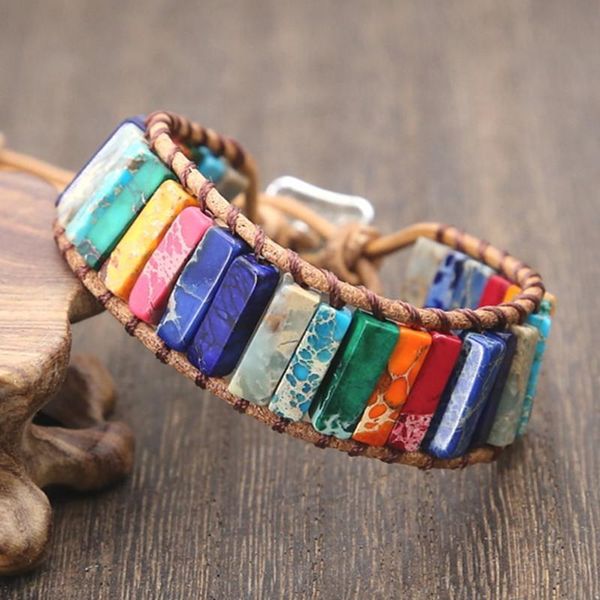 

tennis diezi chakra bracelet jewelry handmade multi color natural stone tube beads leather wrap couples bracelets gift, Golden;silver
