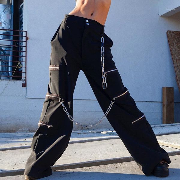 

women's pants & capris 2021 streetwear wide leg zipper patchwork with chain ladies trousers autumn femme loose harem women cargo, Black;white