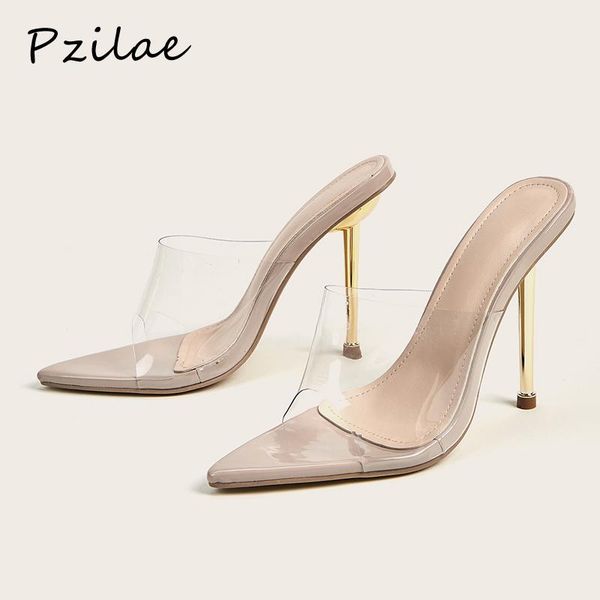 

pzilae summer pvc jelly slippers peep toe high heels women transparent shoes metal heel slides sandals size 40 41, Black