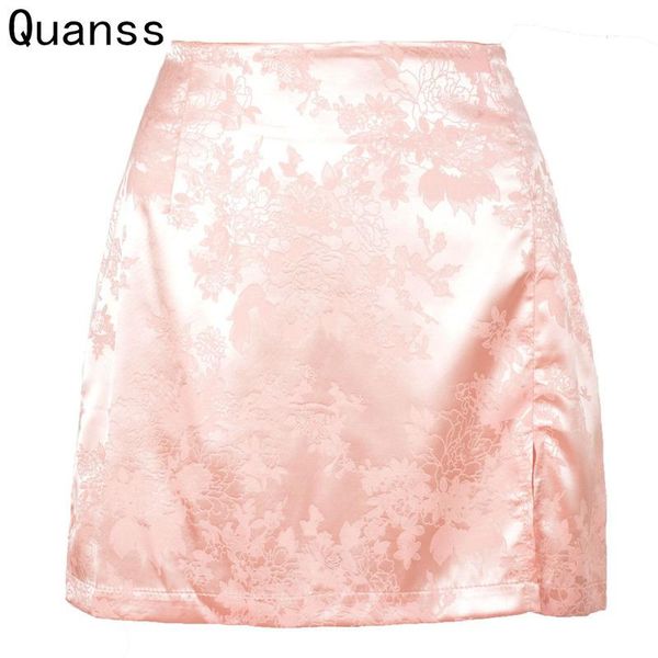 

skirts quanss floral satin side split skirt women 2021 summer high waist zipper bodycon mini streetwear club thin jupes, Black