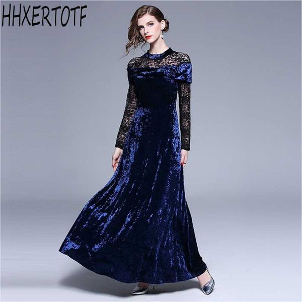

spring autumn elegant velvet dresse's long sleeve high waist lace stitching velvet dress 210531, Black;gray