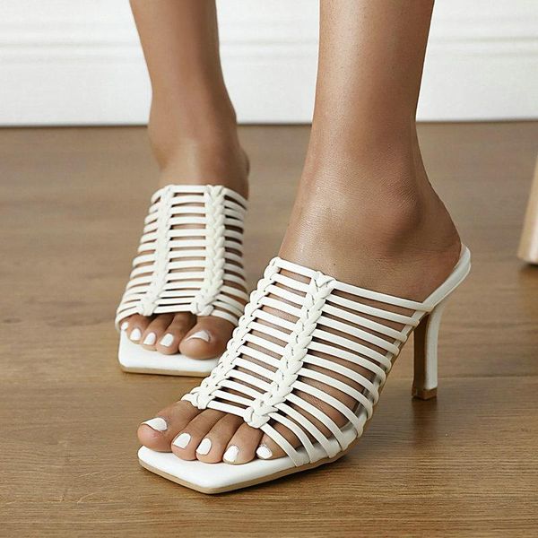 

black beige summer slippers women open toe gladiator sandals fashion slip on thin high heel shoes woman big size 35-45
