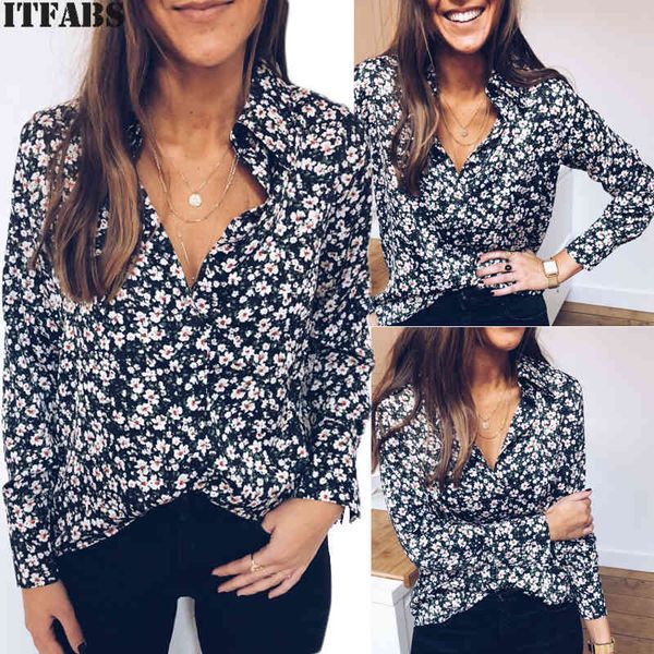 

women's blouses & shirts trendy women clothes casual button long sleeve floral print blouse turn-down collar polyester one pieces, White