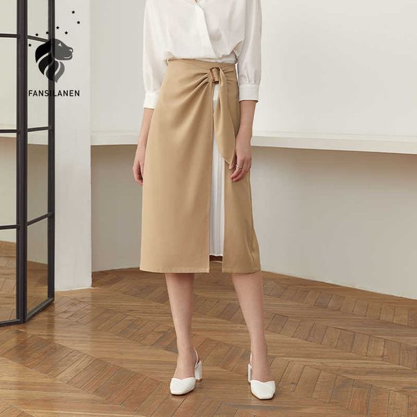 

fansilanen patchwork high waist pleated skirt women autumn winter elegant long bandage bow vintage wrap a-line khaki 210607, Black