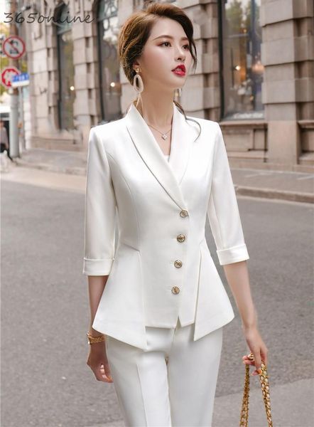 

ladies office professional business blazers suits with 2 piece set pencil pants and jackets coat spring summer half sleeve women's two, White