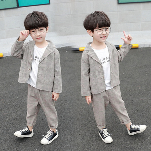 

childrens clothing boy suit two-piece suit 2022 spring new childrens fashion plaid suit middle and small children, White