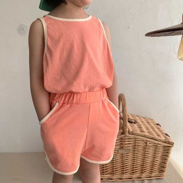 Корейский стиль летних детей сплошной цвет одежды для одежды для мальчиков девочек хлопок свободно без рукавов жилет и шорты 2 шт. Костюмы 210615