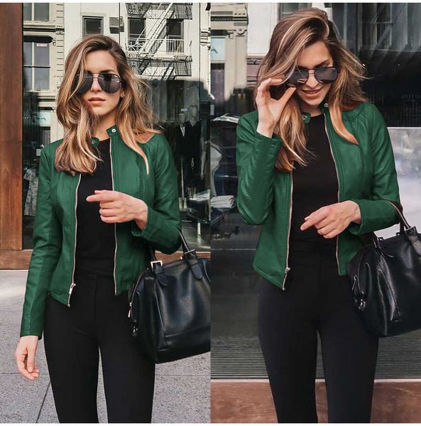 

autumn and winter long sleeves to keep warm jacket women jacket pu leather fashion coat thin female jacket coat outwear 211011, Black