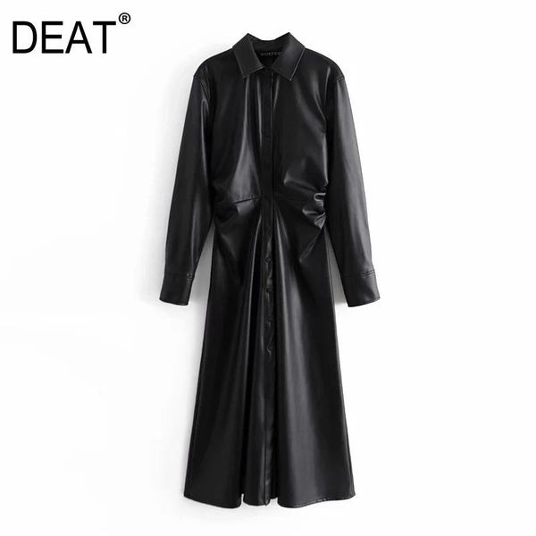 

casual dresses [deat] 2021 spring autumn simple style turn-down collar single-breasted long sleeve solid color a-line dress 13a758, Black;gray