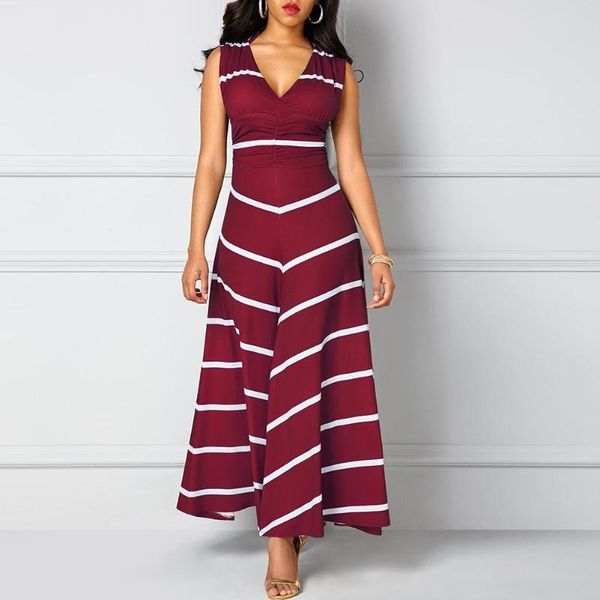 

casual dresses plus size high waist a line summer evening party dress sleeveless v neck striped large hem tight long maxi, Black;gray