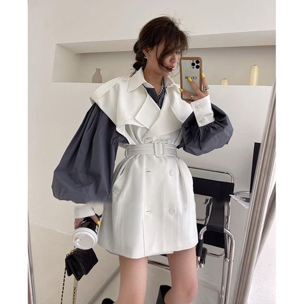 

women's vests [ewq] early autumn loose lantern sleeve shirt fashion suit 2021 vest windbreaker coat temperament two-piece set, Black;white
