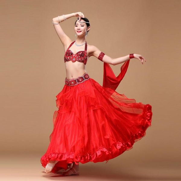 

performance beads belly dancing oriental dance costumes 3pcs set (bra, belt, skirt) costume stage wear, Black;red