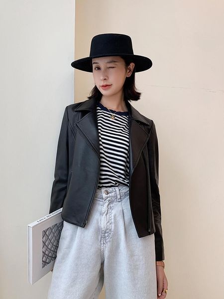 

women's leather & faux 300% real sheepskin coat female streetwear bomber jackets autumn jacket women genuine chaqueta mujer my, Black