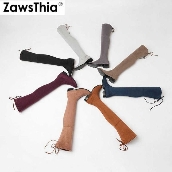 

zawsthia faux suede leather 3cm med heels woman stretch elastic fabric over knee high boots women shoes booties size 34-43 210611, Black