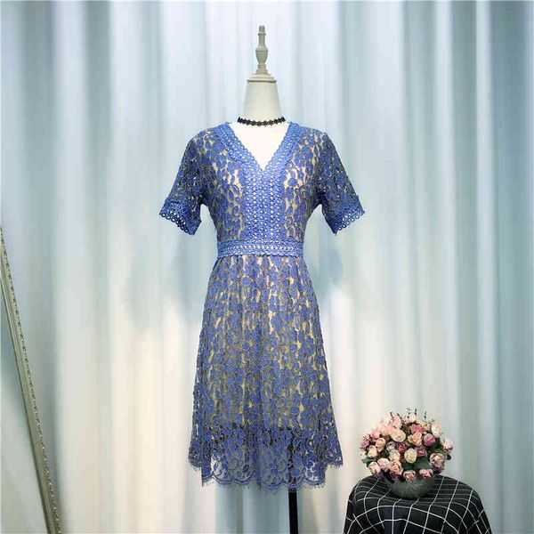 

luxury style women summer v neck beautiful hollow out lace a line dress female party dresses vestido a329 210428, White