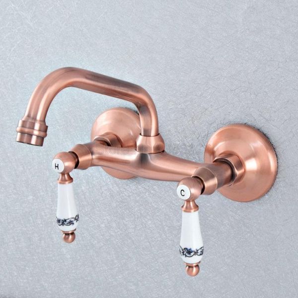 

antique red copper brass wall mounted dual handles kitchen sink faucet bathroom basin mixer taps swivel spout tsf892 faucets