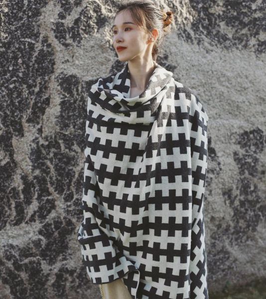 

scarves luxury high-end 730 grams large size cashmere shawl scarf pashmina women simple dark gray white wool knitted jacquard blanket, Blue;gray