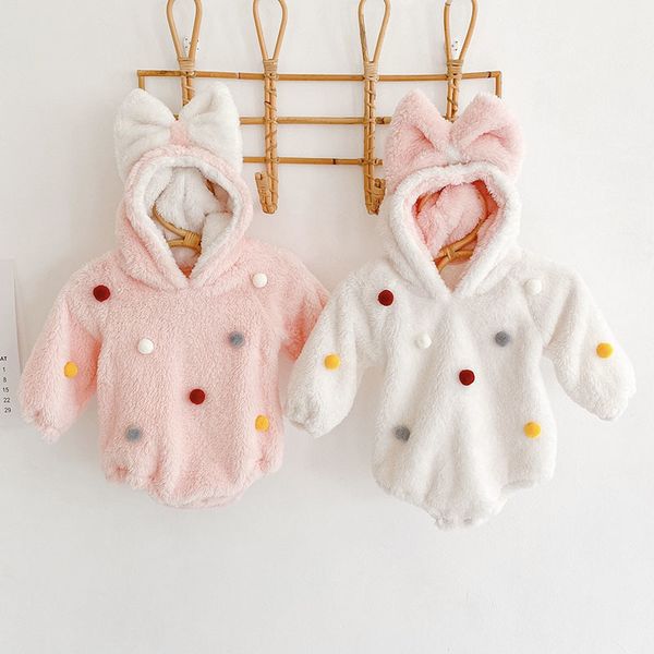

0-2yrs infant baby girls bowknot hooded rompers clothing autumn winter kids girl long sleeve thicken clothes 210429, Blue