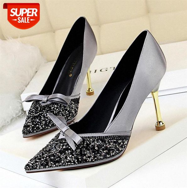 

171-28 korean fashion metal heel stiletto high satin shallow mouth pointed sequined rhinestone bow women's single shoes #lr6w